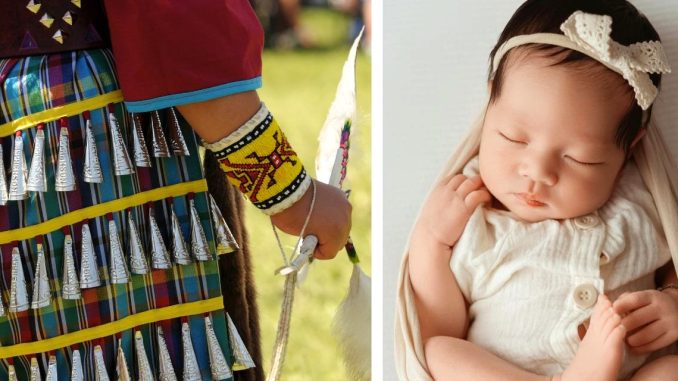 Mother assists her baby, who is unable to walk, in dancing at their first powwow to encourage young Crees to embrace their culture.