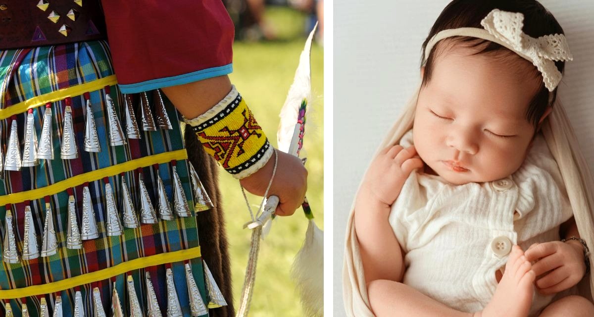Mother assists her baby, who is unable to walk, in dancing at their first powwow to encourage young Crees to embrace their culture.